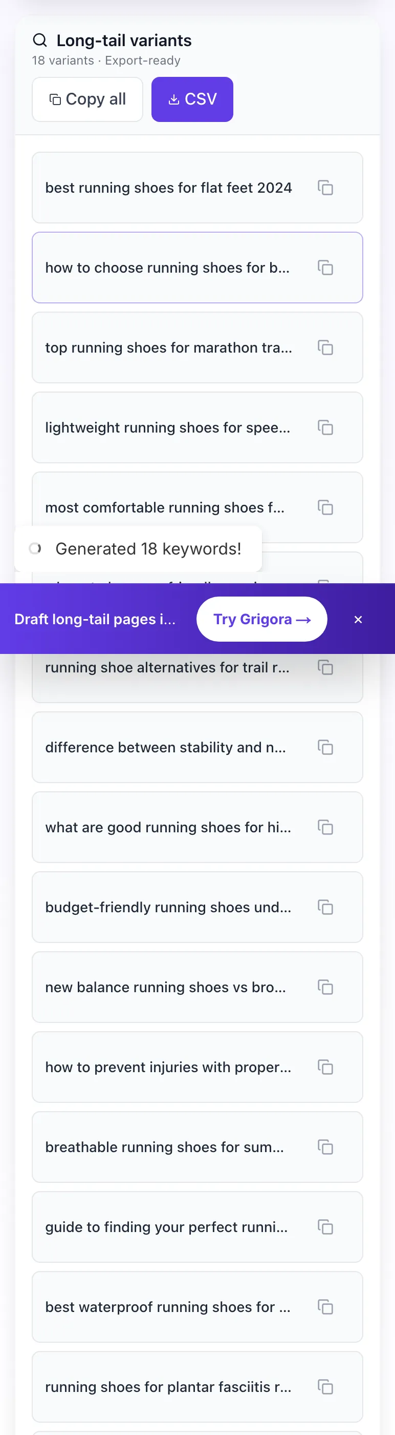 Long Tail Keyword Generator showing its result
