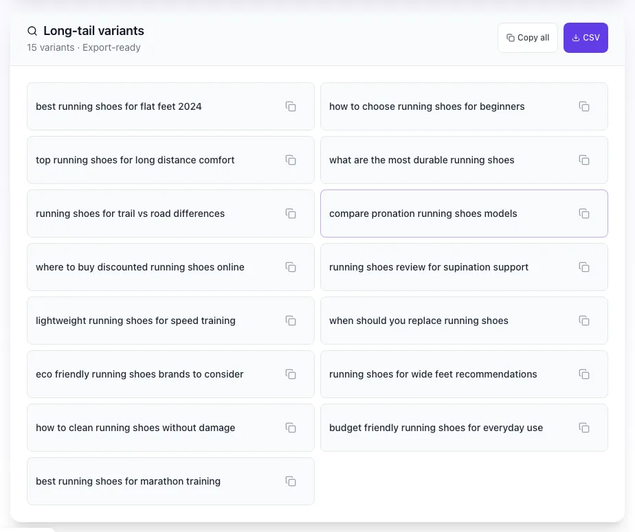 Long Tail Keyword Generator showing its result