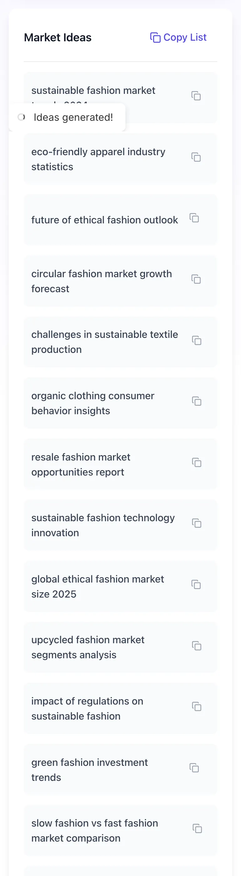Market Keyword Ideas Tool showing its result