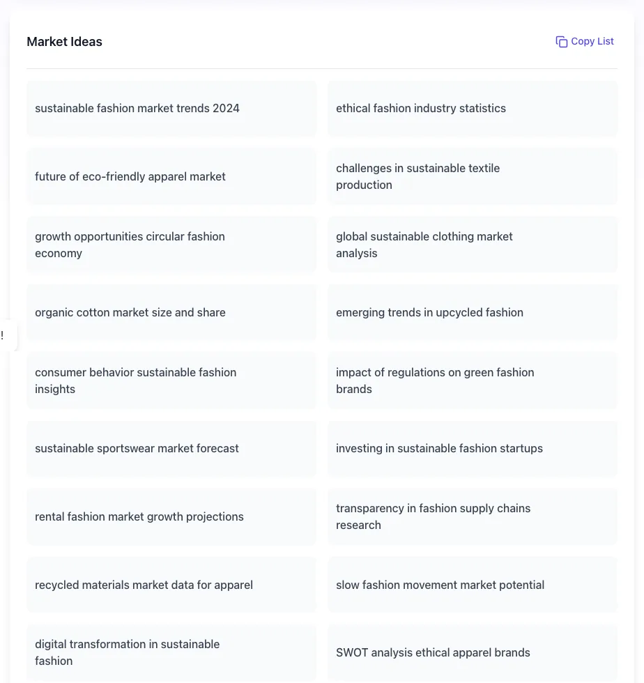 Market Keyword Ideas Tool showing its result