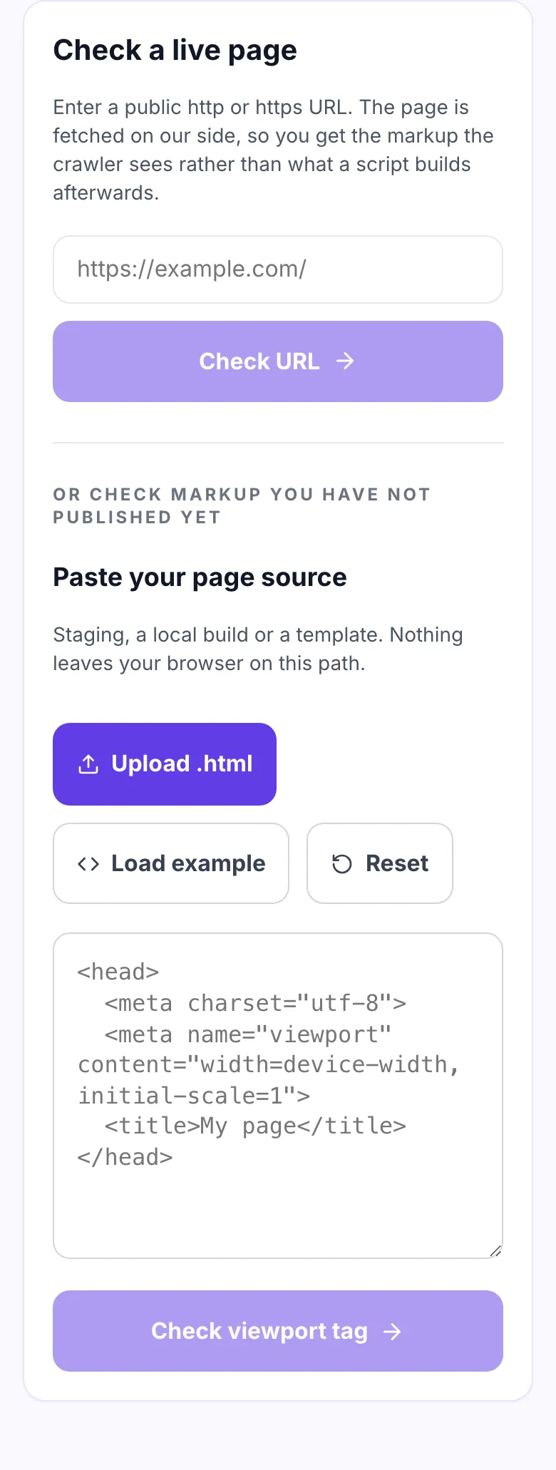 Meta viewport checker showing a URL field above an HTML paste box