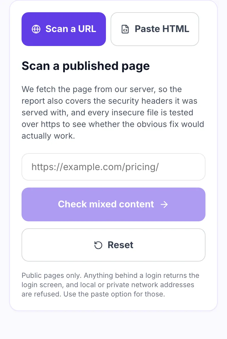 Mixed content checker showing the Scan a URL tab with an empty URL field