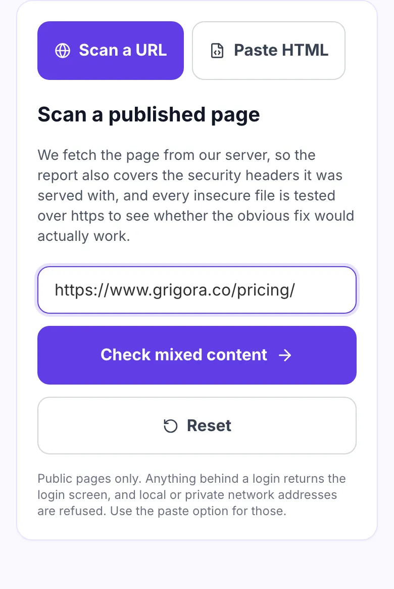 Mixed content checker with a page URL entered and ready to scan
