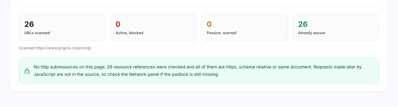 Results showing 26 URLs scanned with 0 active and 0 passive mixed content, all already secure
