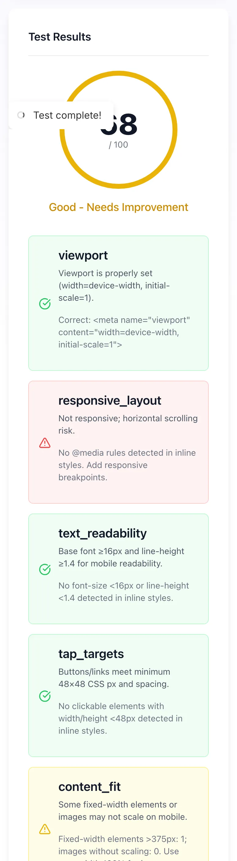 Mobile Friendly Test Lite showing its result