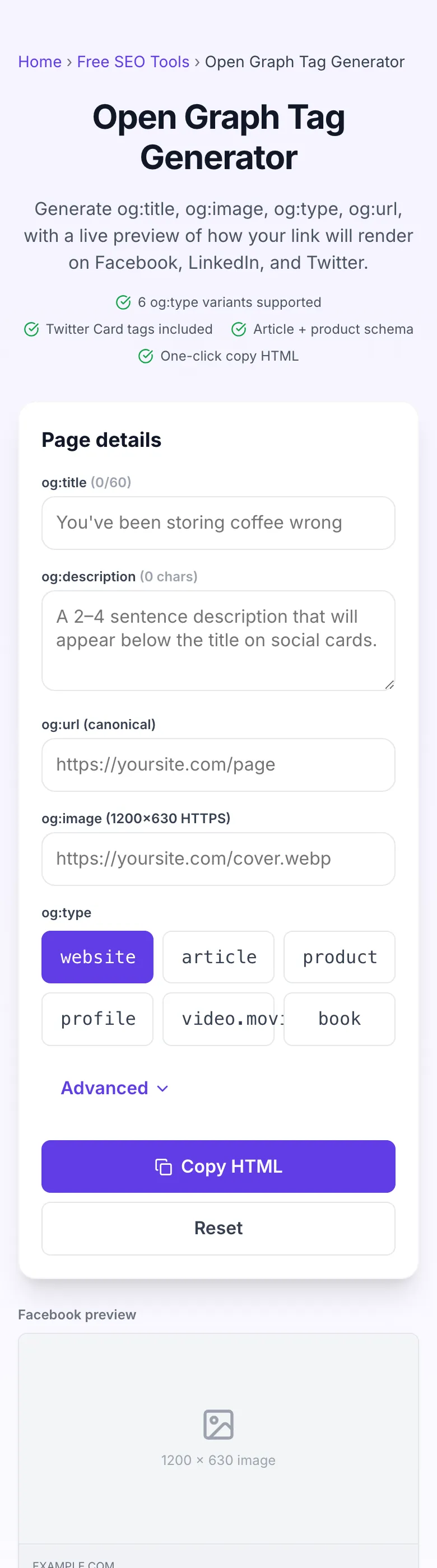 Empty Open Graph Tag Generator before any input