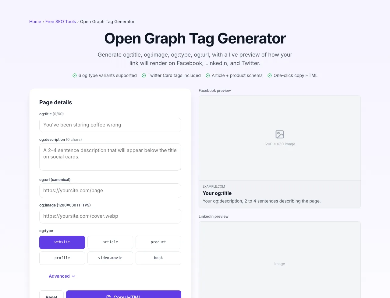 Empty Open Graph Tag Generator before any input