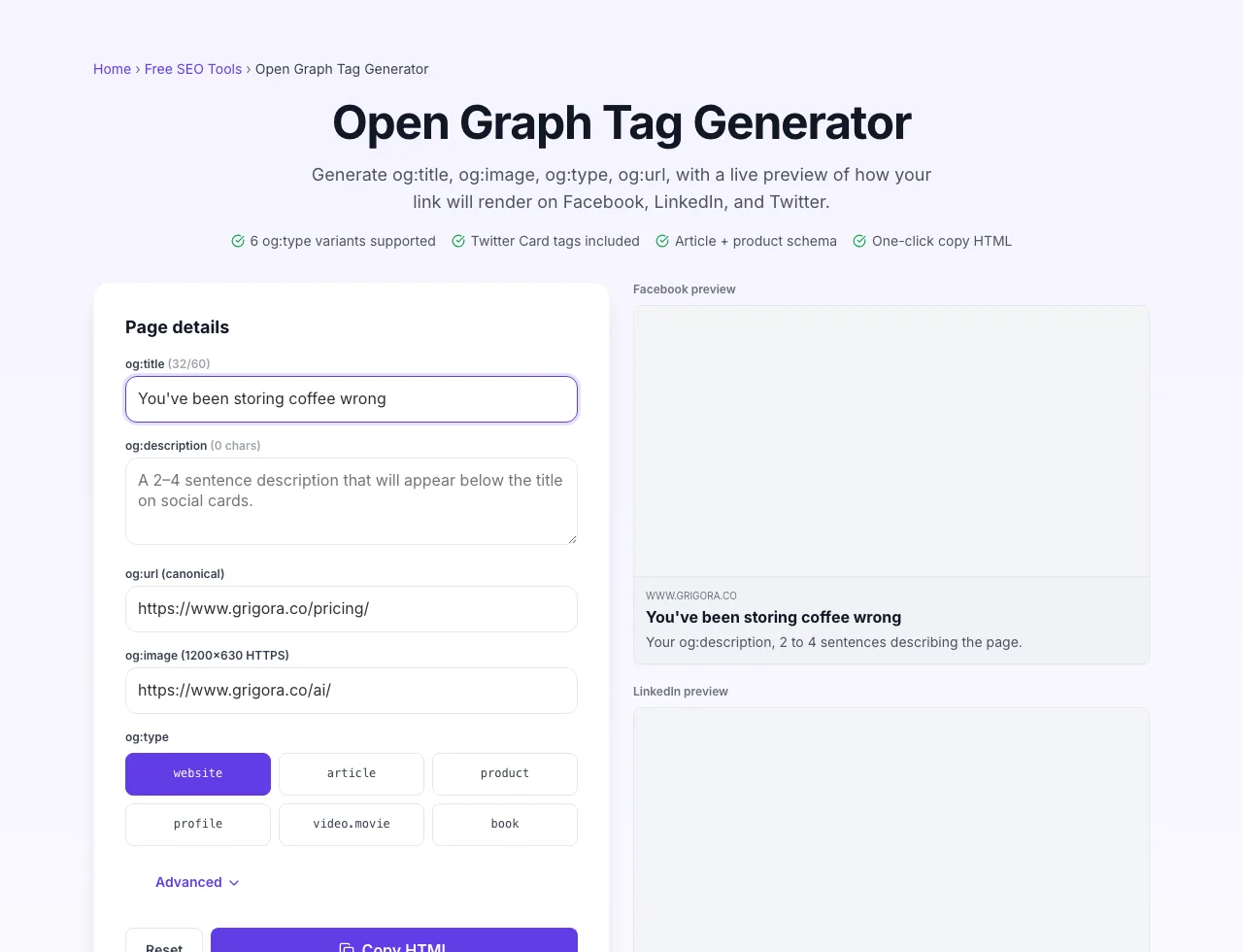 Open Graph Tag Generator with input filled in
