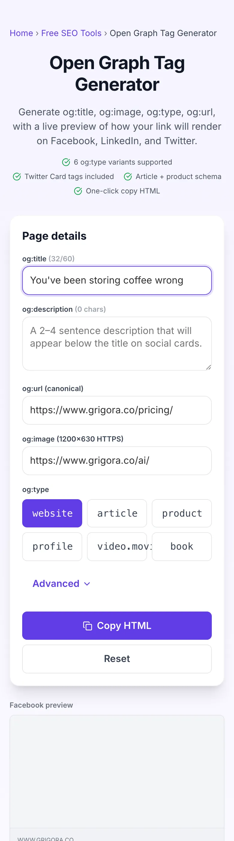 Open Graph Tag Generator showing its result