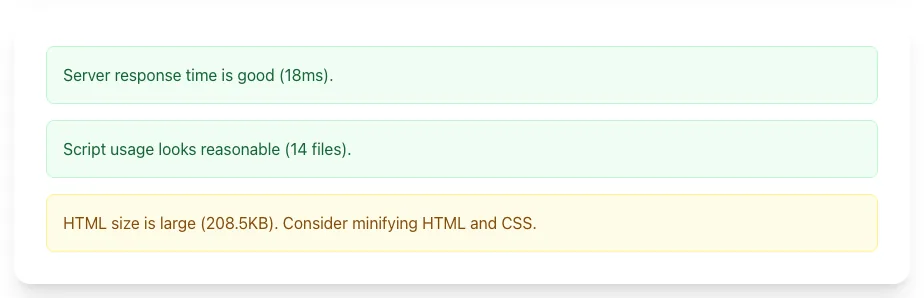Page Performance Checker Lite showing its result
