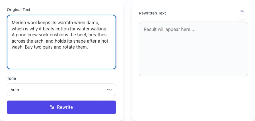 Paragraph Rewriter with input filled in