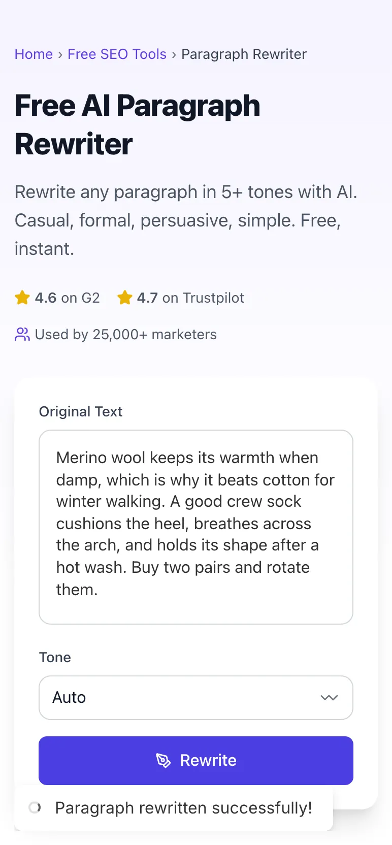 Paragraph Rewriter showing its result