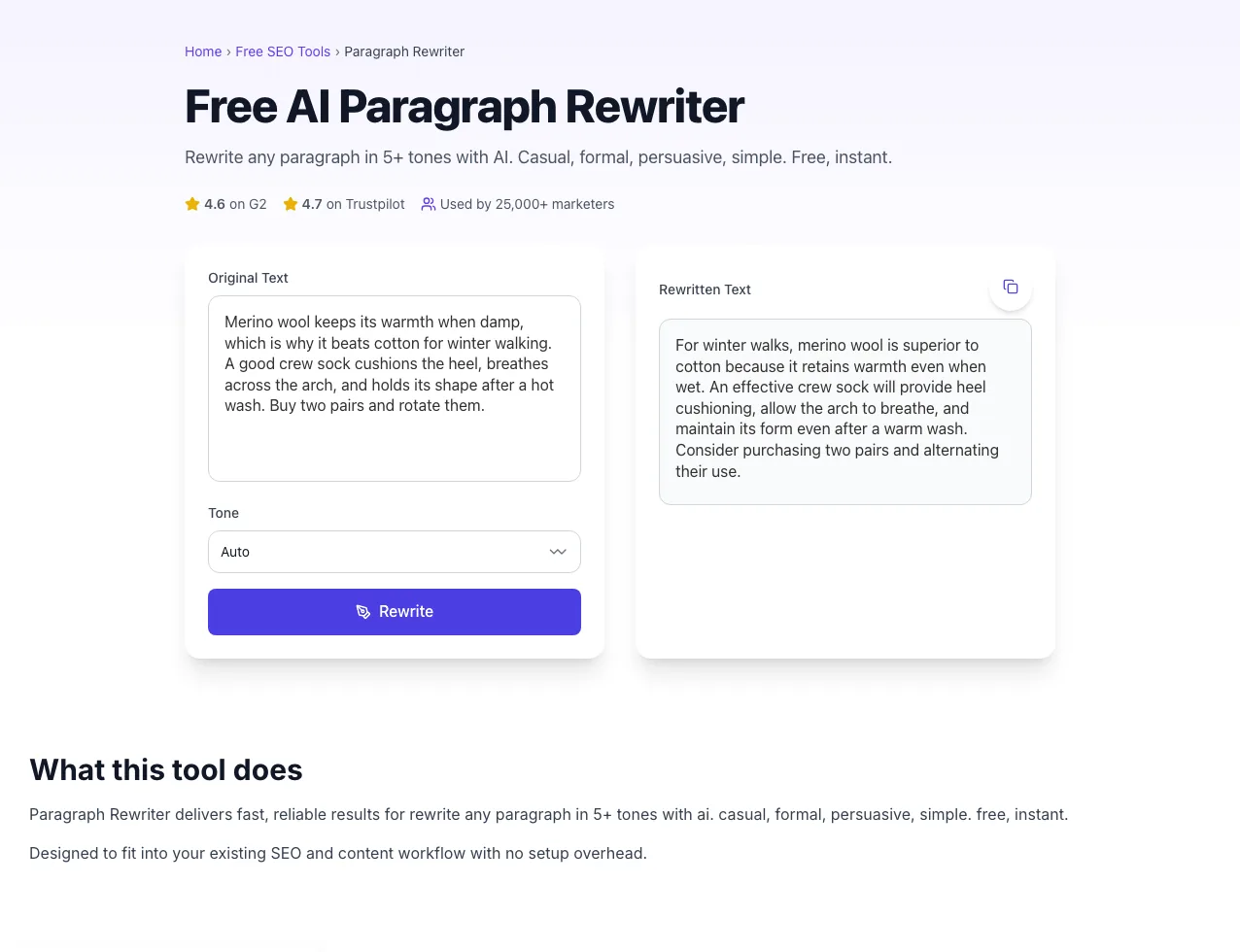 Paragraph Rewriter showing its result