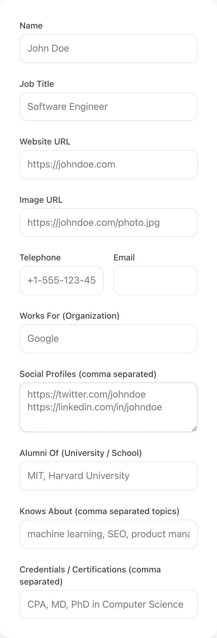 Empty Person Schema Generator before any input