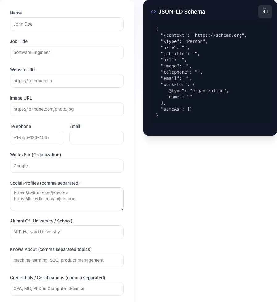Empty Person Schema Generator before any input