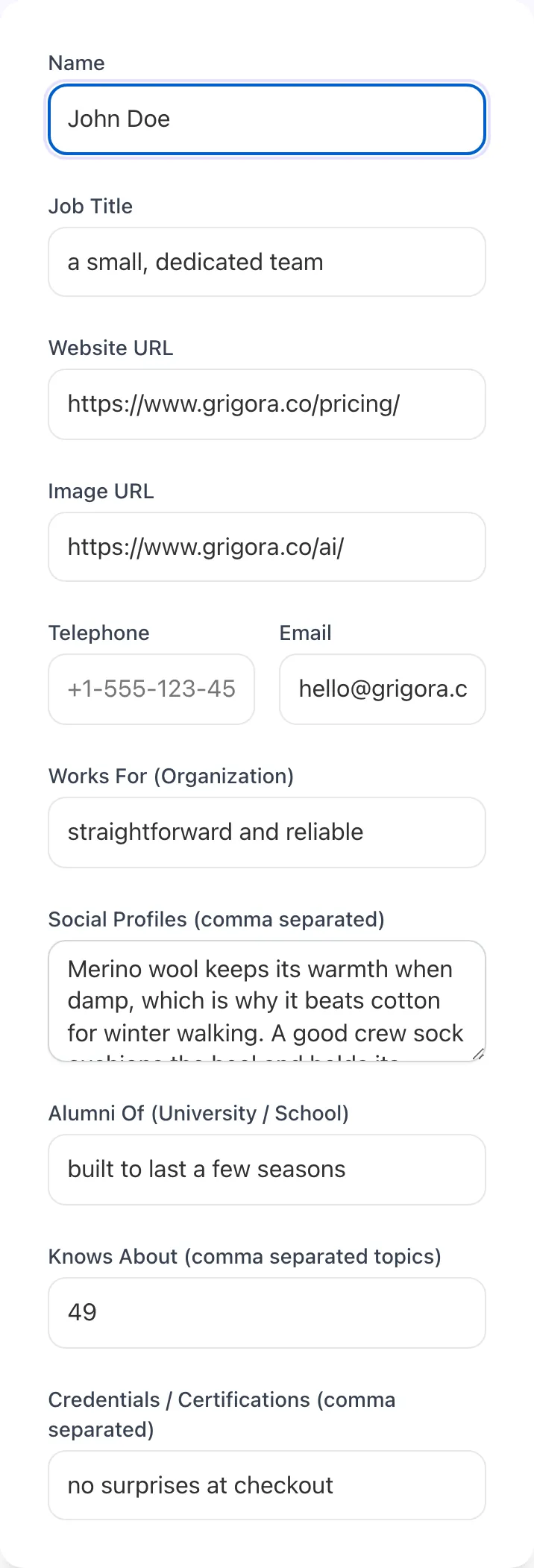 Person Schema Generator with input filled in