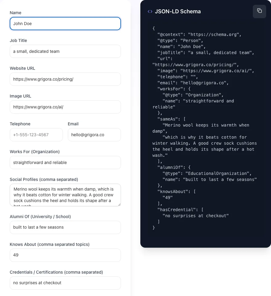 Person Schema Generator with input filled in