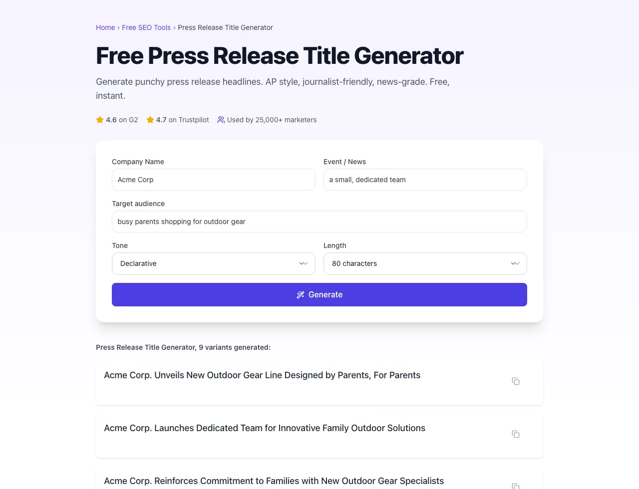 Press Release Title Generator showing its result