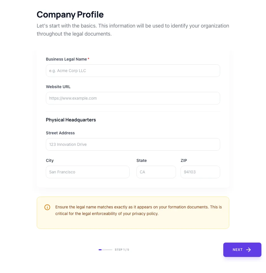 Empty Privacy Policy Generator before any input