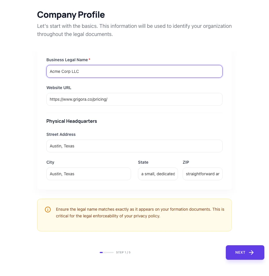 Privacy Policy Generator with input filled in