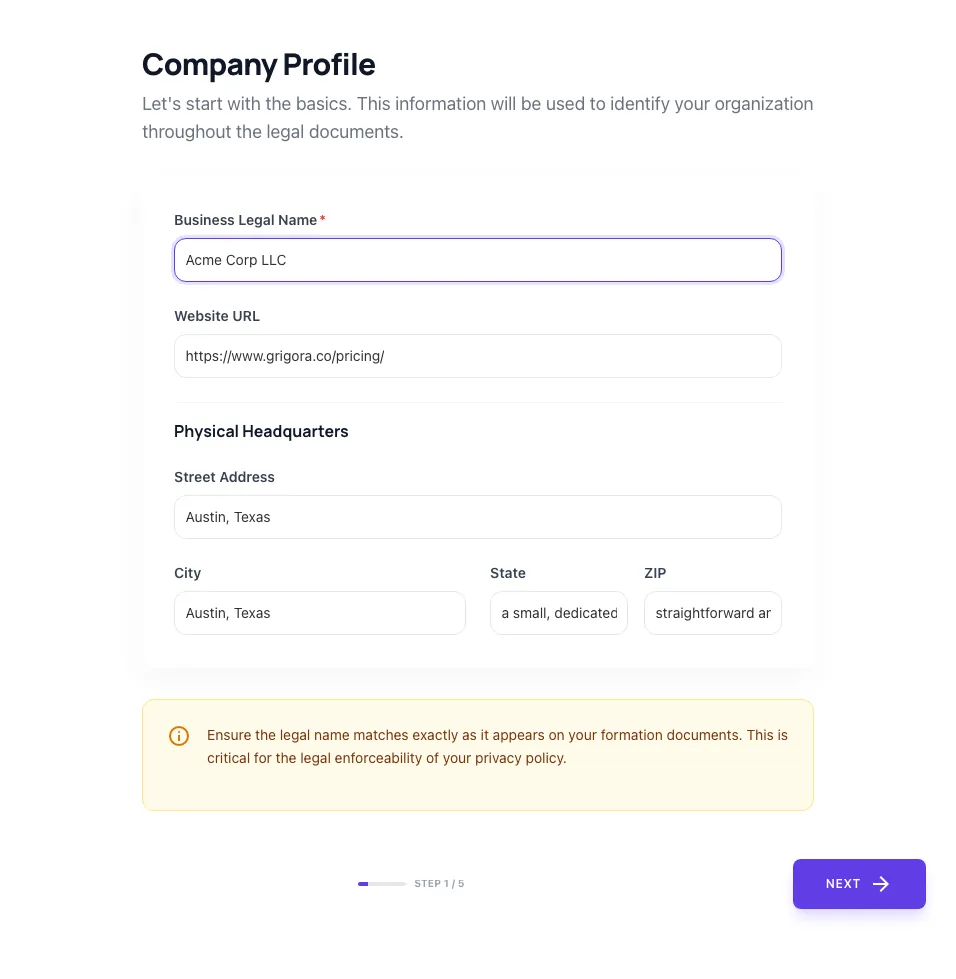 Privacy Policy Generator showing its result