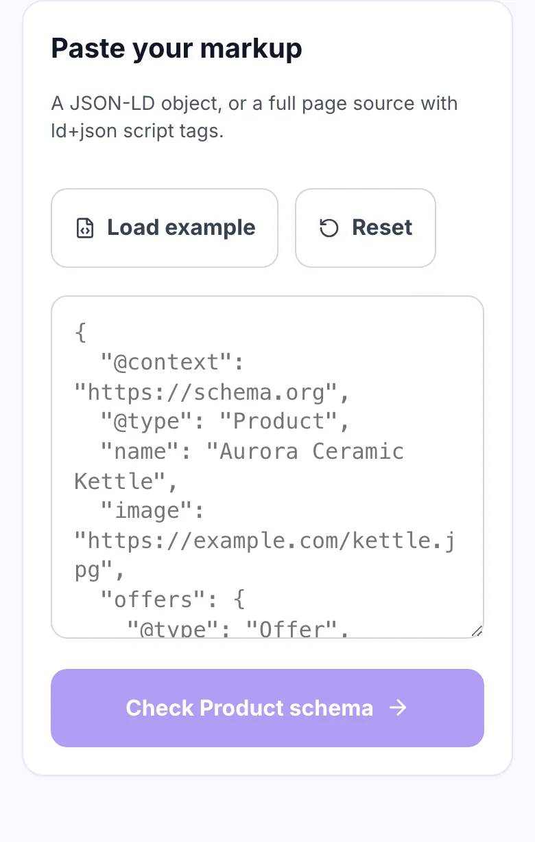 Empty Product Schema Checker showing a JSON-LD paste box