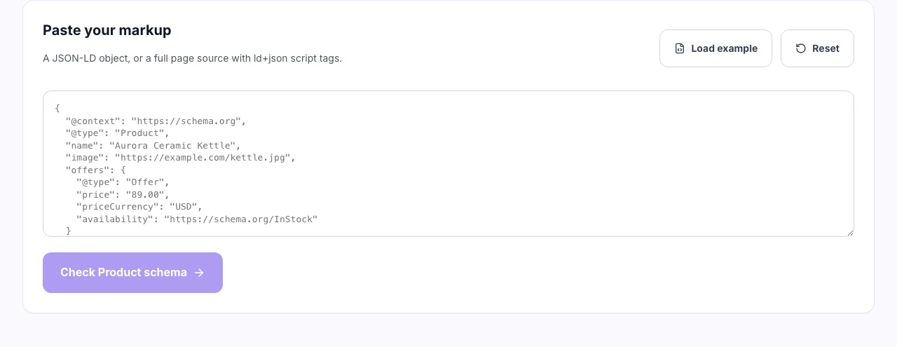 Empty Product Schema Checker showing a JSON-LD paste box