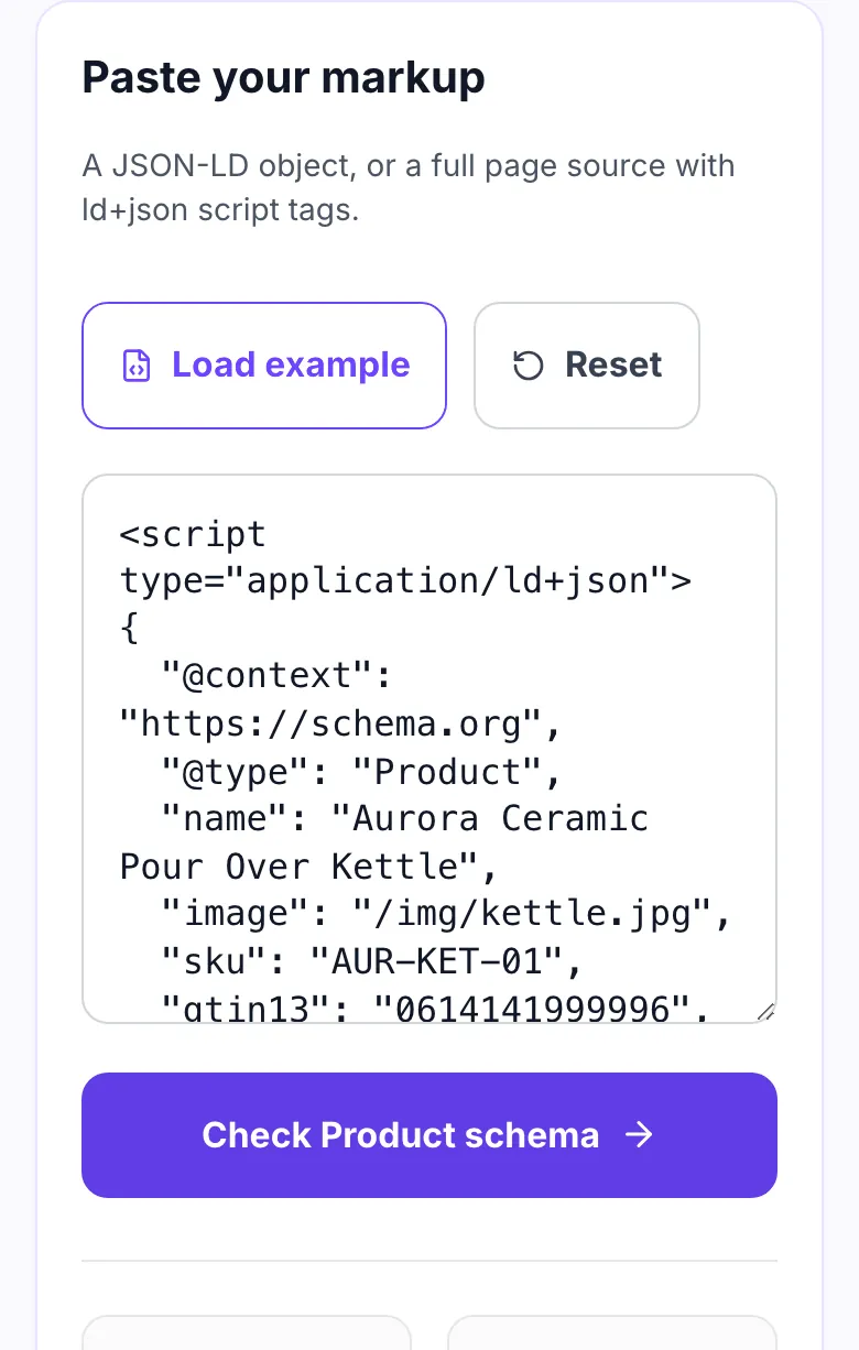 Product Schema Checker with example Product JSON-LD markup loaded into the box