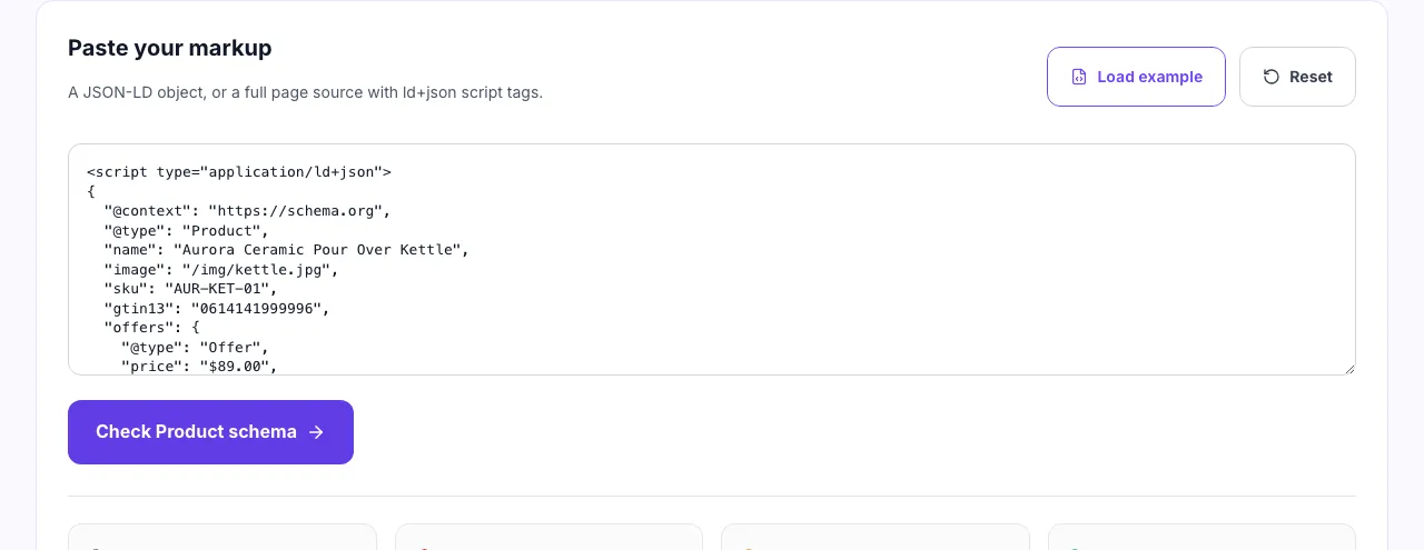 Product Schema Checker with example Product JSON-LD markup loaded into the box