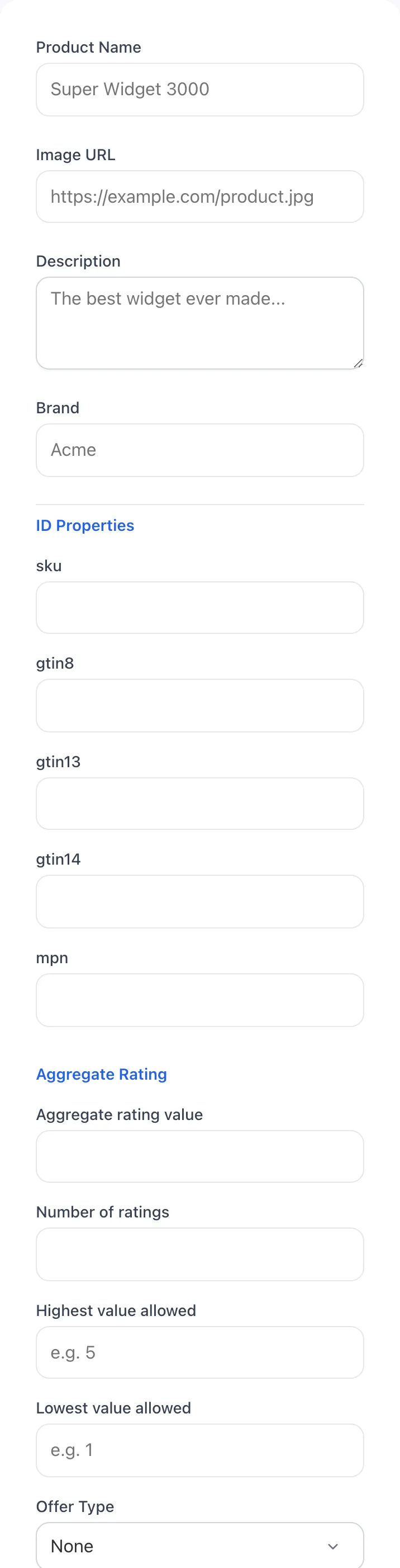 Empty Product Schema Generator before any input