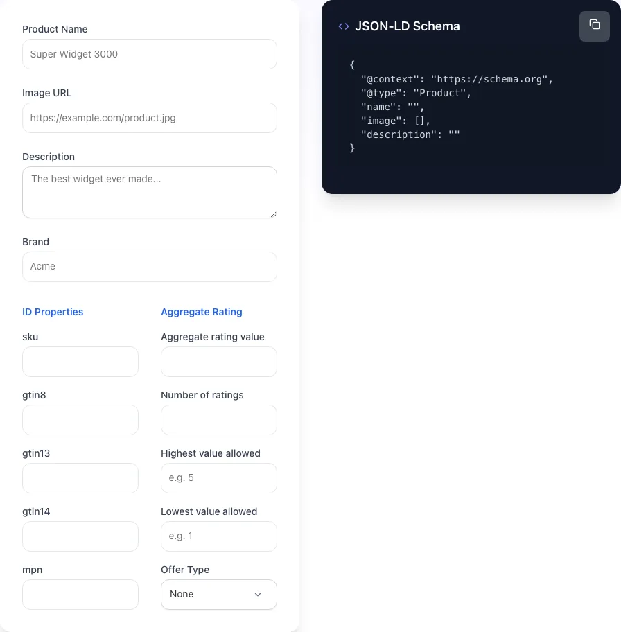 Empty Product Schema Generator before any input