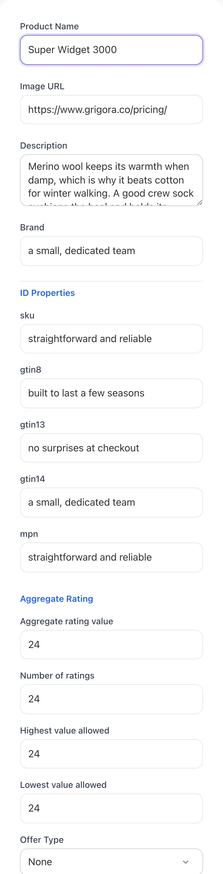 Product Schema Generator with input filled in