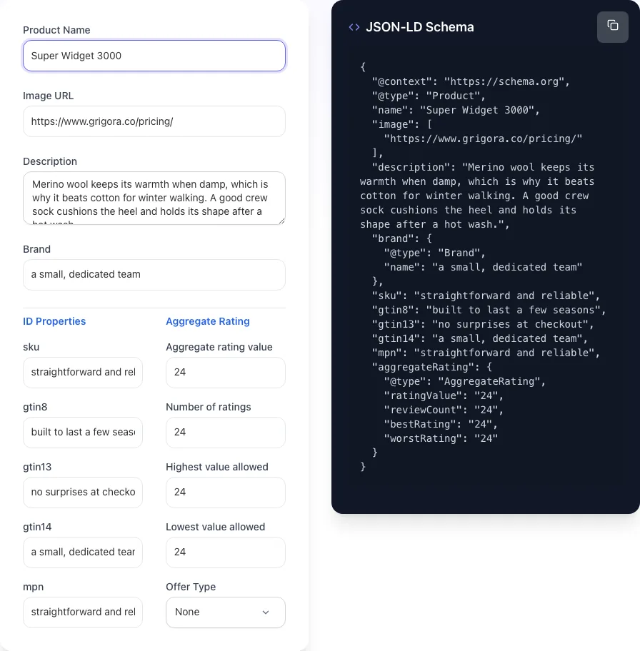 Product Schema Generator with input filled in