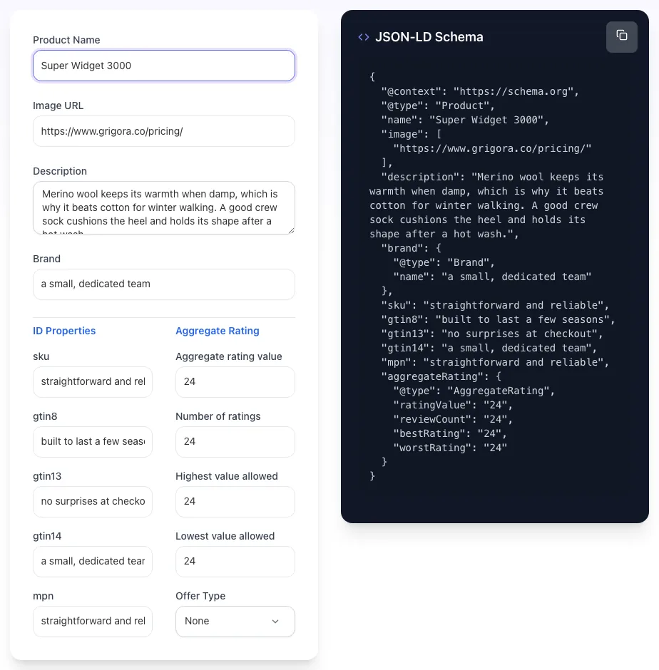 Product Schema Generator showing its result
