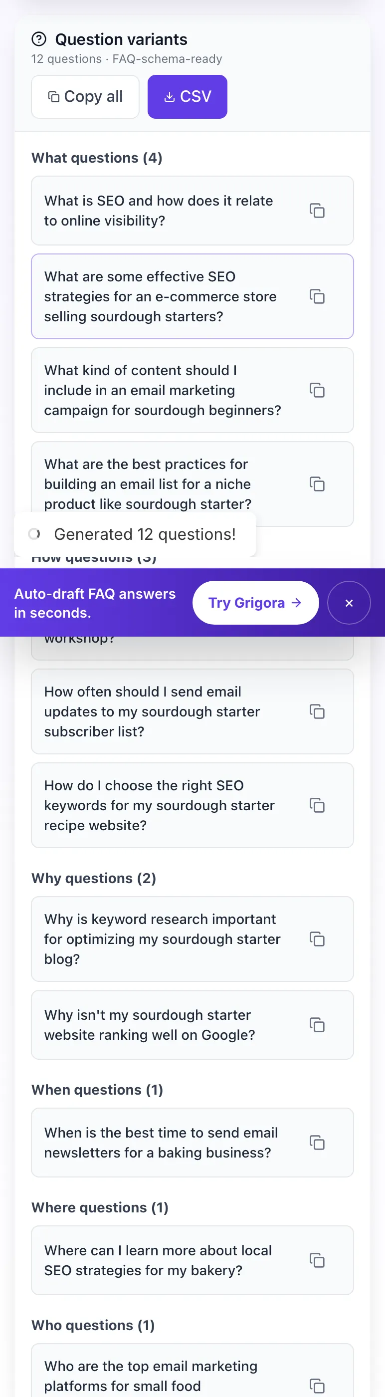 Question Keyword Generator showing its result