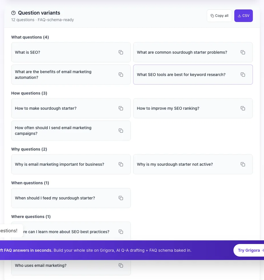 Question Keyword Generator showing its result