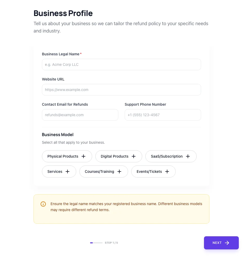 Empty Refund Policy Generator before any input