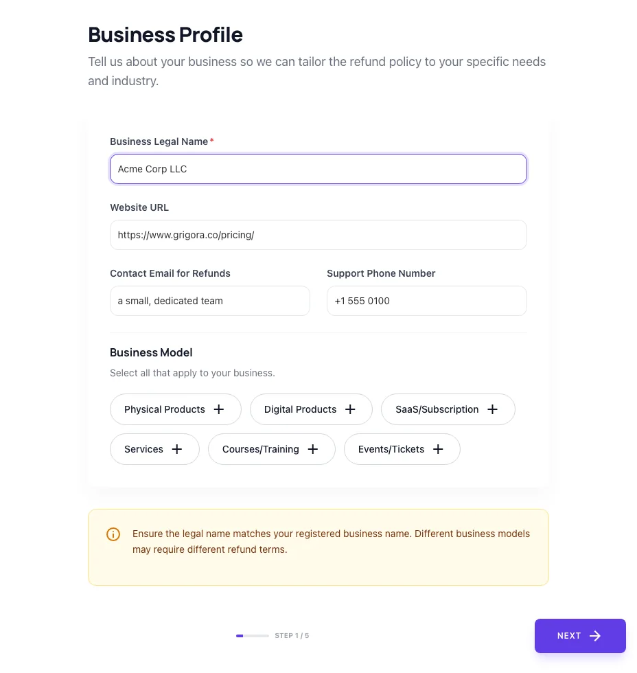 Refund Policy Generator with input filled in