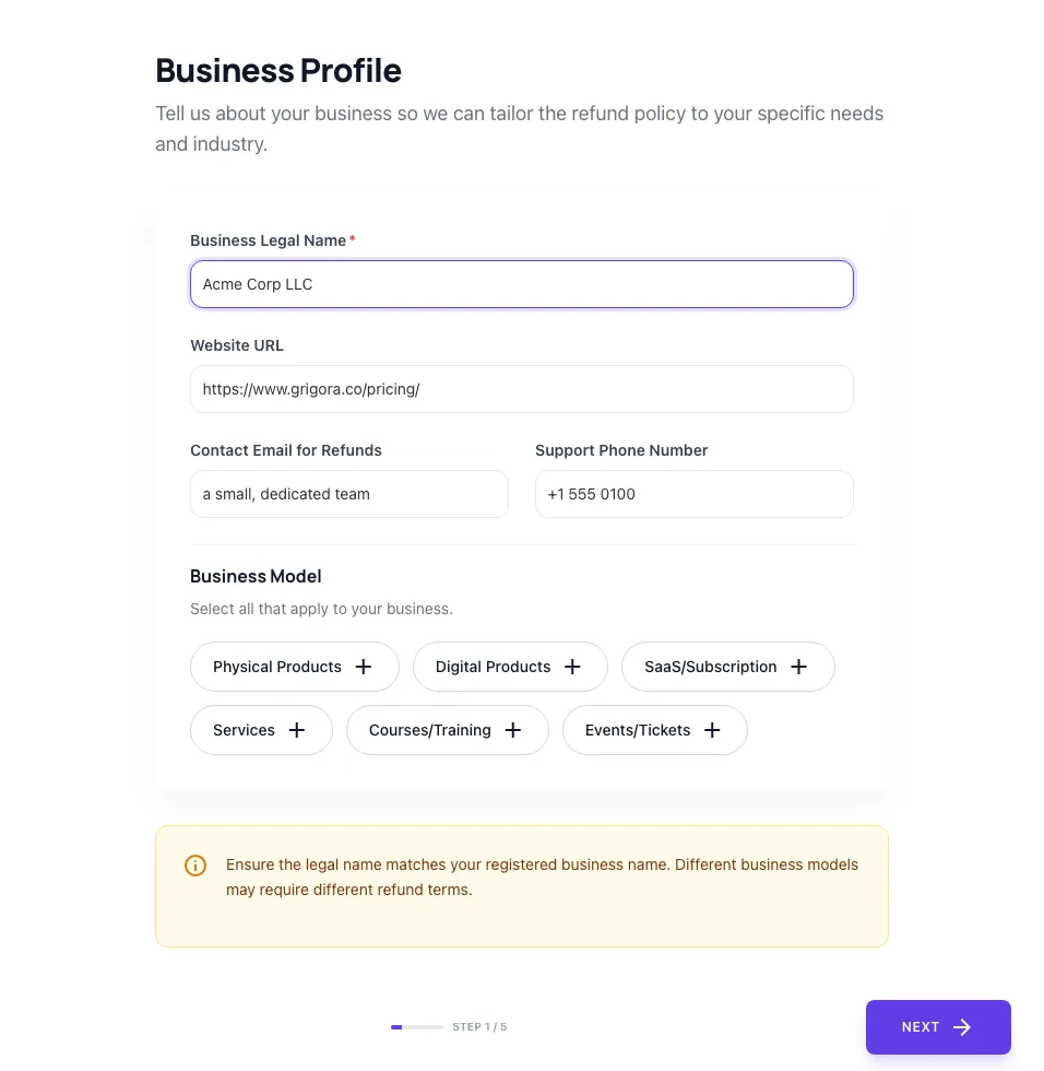 Refund Policy Generator showing its result