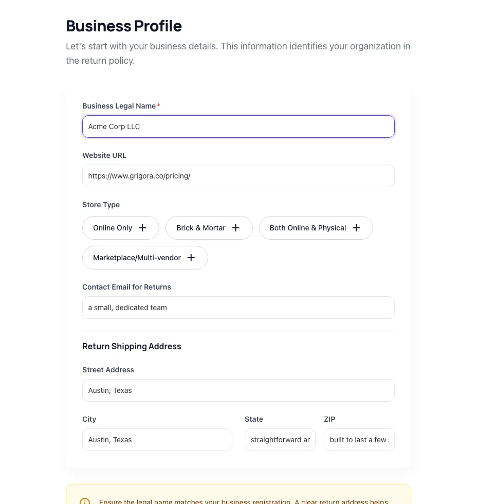 Return Policy Generator with input filled in