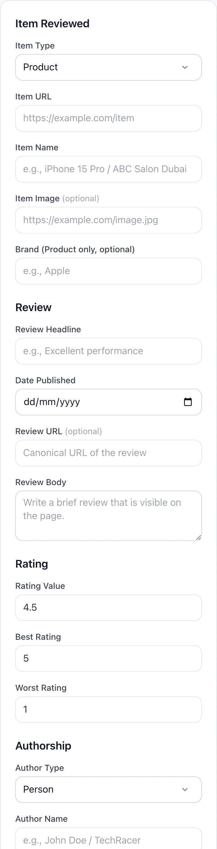 Empty Review Schema Generator before any input
