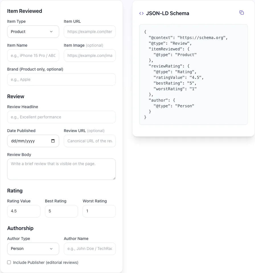 Empty Review Schema Generator before any input