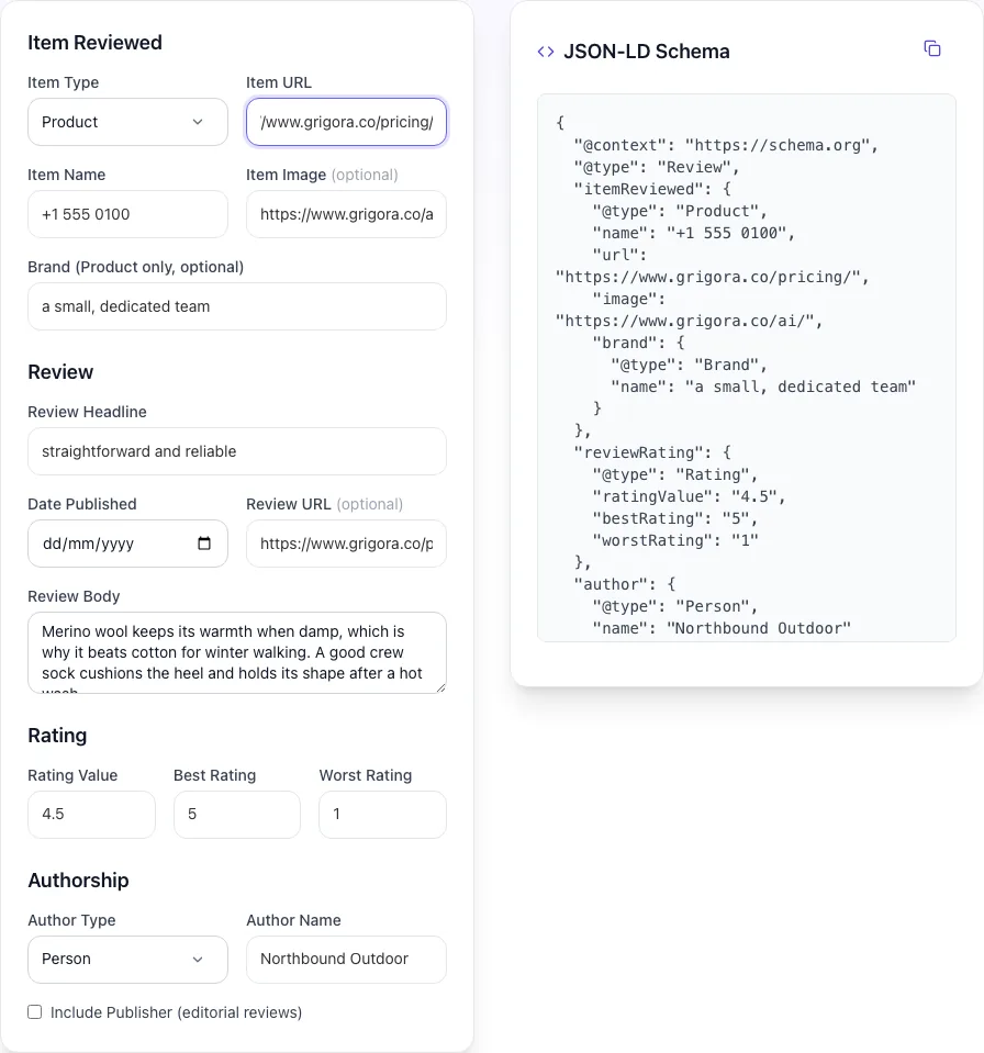 Review Schema Generator with input filled in