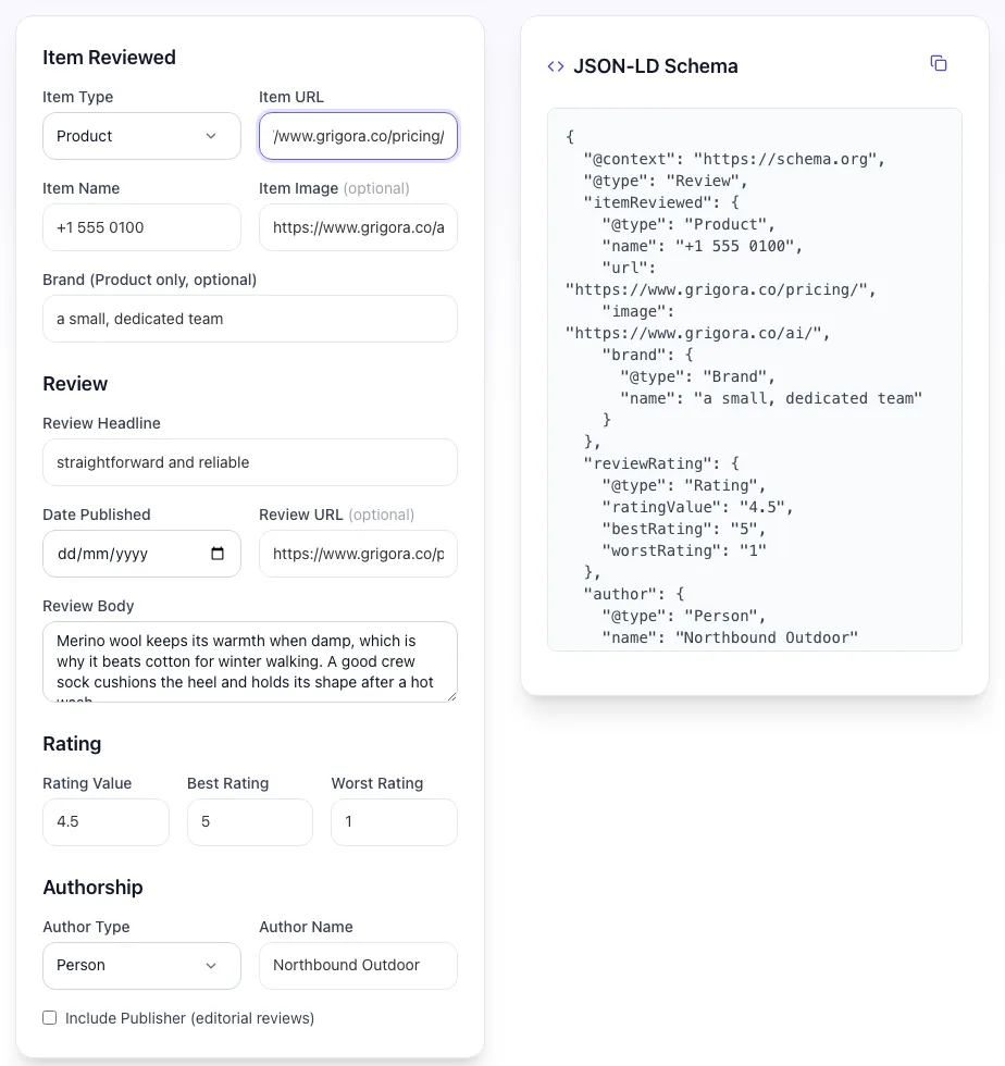 Review Schema Generator showing its result
