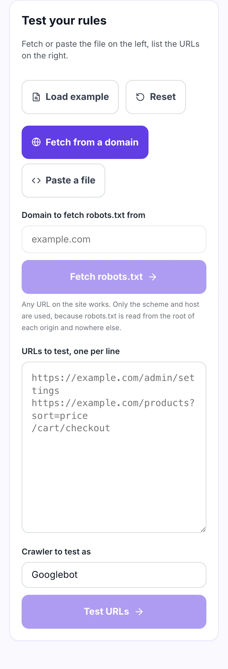 Robots.txt tester showing empty domain, URL list and crawler fields