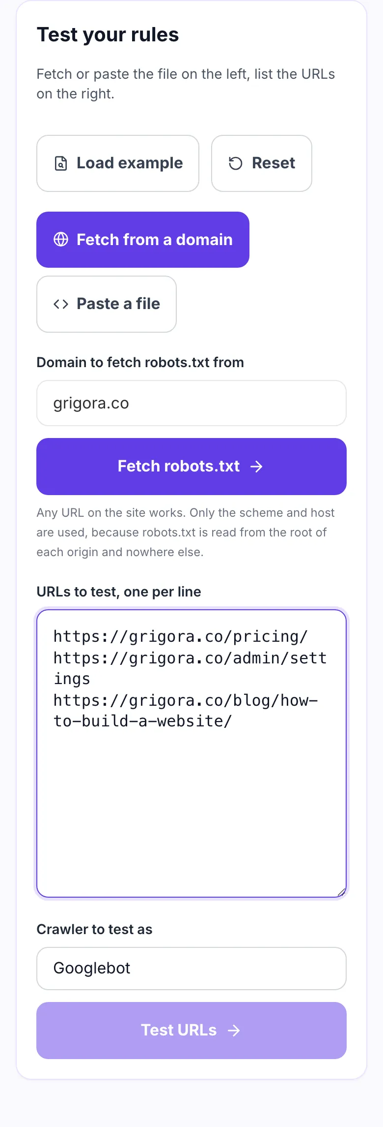 Robots.txt tester with a domain and four URLs entered, set to test as Googlebot