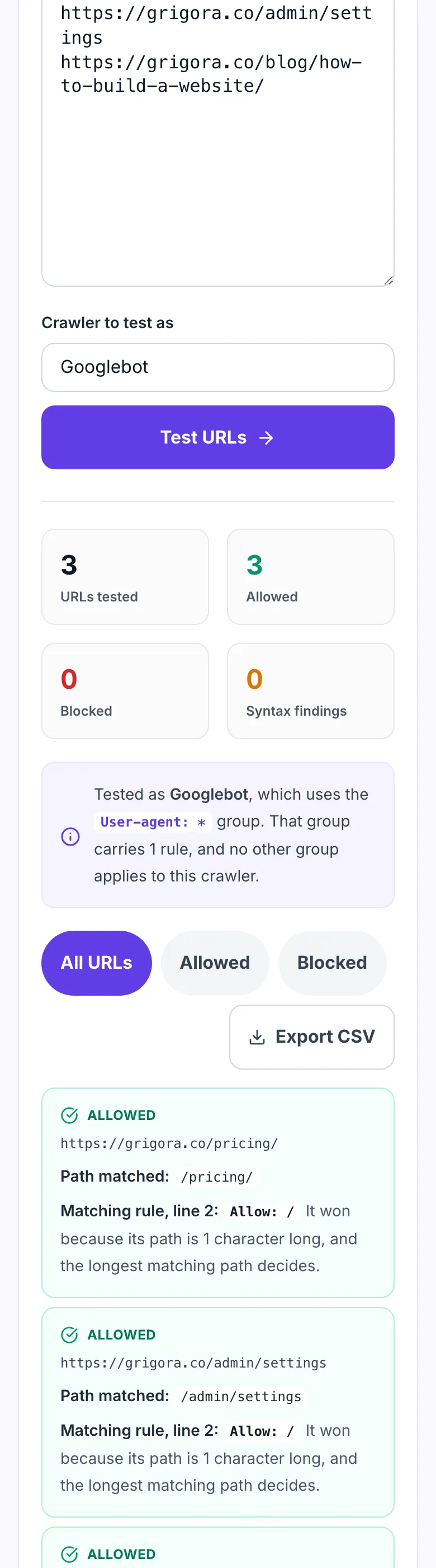 Results showing 4 URLs tested and 4 allowed, each naming the matching Allow rule and its line number