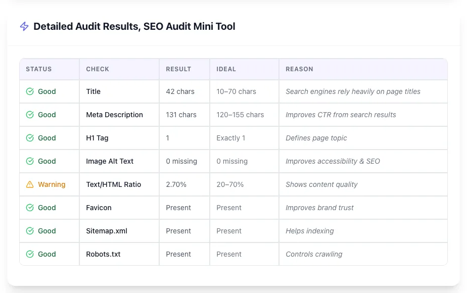 SEO Audit Mini Tool showing its result