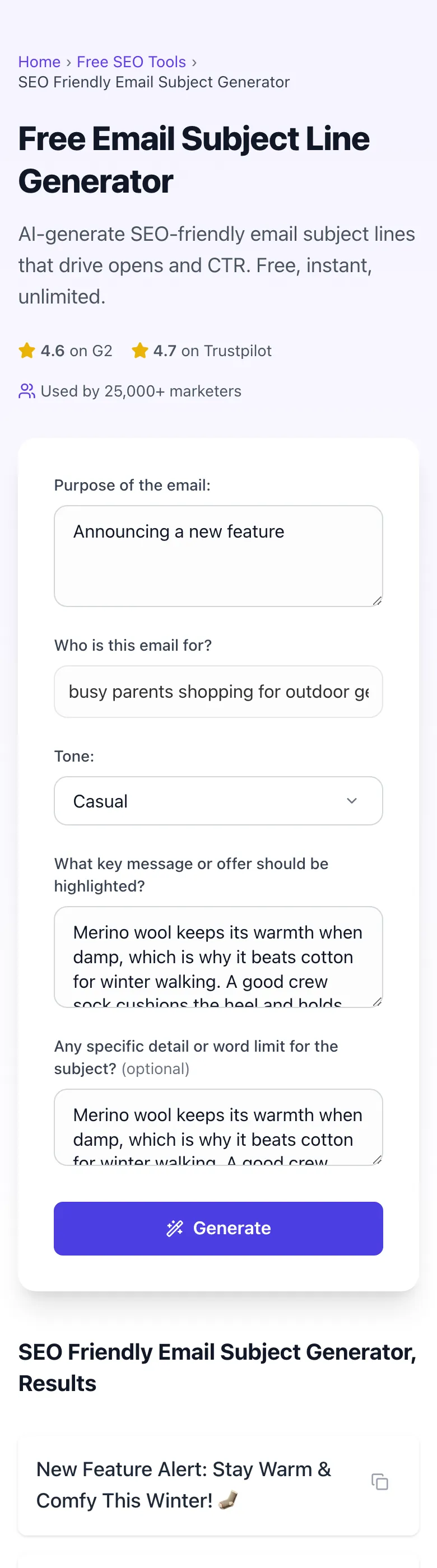 SEO Friendly Email Subject Generator showing its result