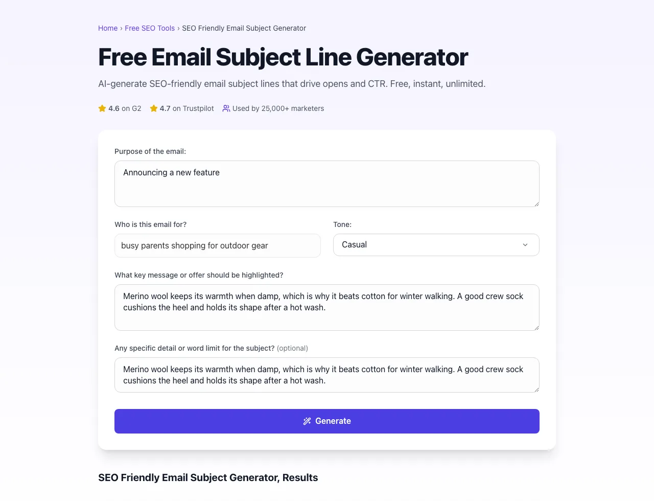 SEO Friendly Email Subject Generator showing its result